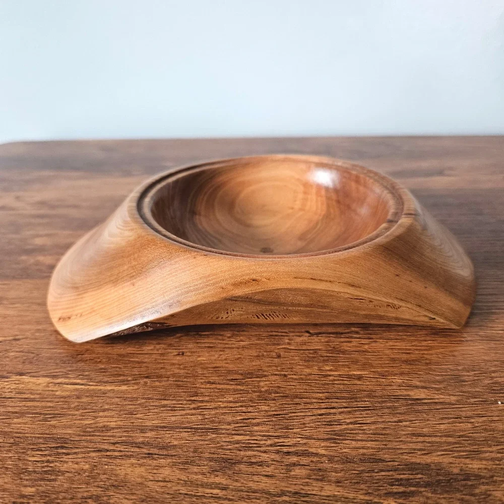Artisan Hand Turned Elm Wood Trinket Bowl Ashtray Signed C Walker Organic Modern